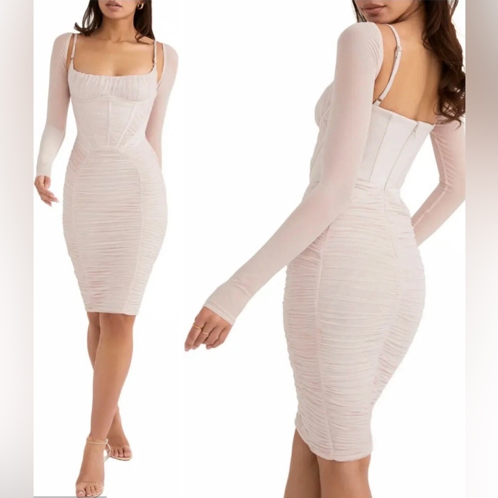 NWT $239 House of CB Freyja Satin Ruched Long Sleeve Body-Con Crystal Gathered C